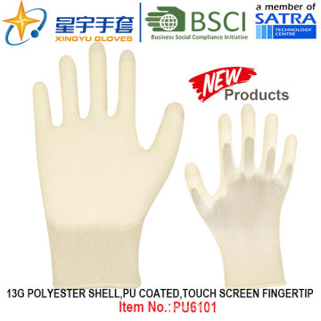 13G poliéster Shell PU guantes recubiertos (PU6101) Toque la punta de la pantalla con CE, En388, En420 guantes de trabajo